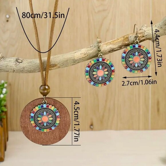 Necklace & Earrings 3pc Set Enamel Wood Leather Dangle Boho Chara Yoga Namaste - Picture 4 of 4